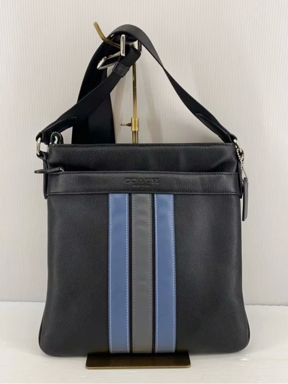 Coach Black Leather Messenger with Blue and Gray Stripes